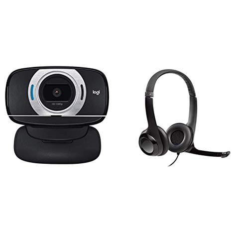 Logitech HD Laptop Webcam C615 with Fold-and-Go Design, 360-Degree Swivel, 1080p Camera Bundle with Logitech USB Headset H390 with Noise Cancelling Mic