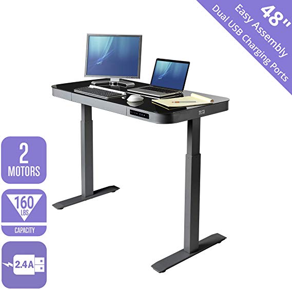 Seville Classics Airlift Height Adjustable Electric Desk with Glass Top   Dual USB Charger, Gray/Black