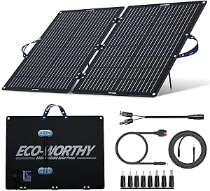 ECO-WORTHY Panneau solaire 100 W monocristallin portable pliable avec support réglable, câble PV (9,84 pieds), adaptateur 4 DC pour la plupart des centrales électriques, camping-car, caravane, camping