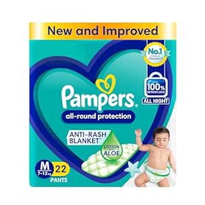 Pampers All round Protection Pants, Medium size baby diapers (MD) 22 Count, Anti Rash diapers, Lotion with Aloe Vera