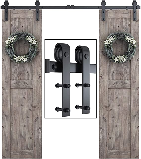 SMARTSTANDARD 6.6ft One-Piece Track Double Door Sliding Barn Door Hardware Kit-Smoothly and Quietly-Easy to Install-Includes Step-by-Step Instruction Fit 18"-20" Wide Door Panel (J Shape Hanger)