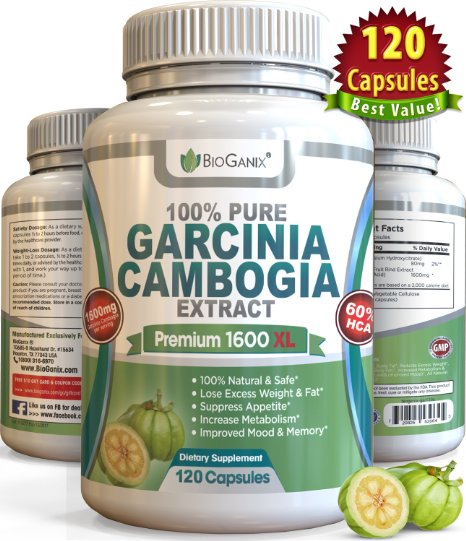1 Best 100 Pure Garcinia Cambogia Extract Premium 1600mg XL 120 capsules Ultra Safe All Natural 60 HCA Formula Max Weight Loss Diet Supplement - NO ADDED CALCIUM or Additives Plus BONUS eGuide
