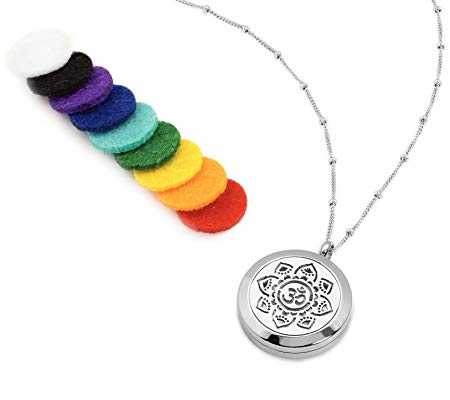 OM AUM Essential Oil Diffuser Necklace Aromatherapy Jewelry - Hypoallergenic 316L Surgical Grade Stainless Steel, 20.8" Chain   9 Washable Insert Pads (Silver)