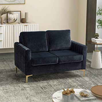 HULALAHOME 52" Modern Velvet Loveseat Sofas for Living Room, Mid-Century Modern Sofa Chair, Easy-Assembly Love Seats Couch for Small Spaces, Upholstered Loveseat with Gold Legs (Black)