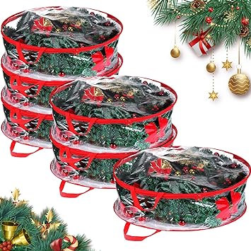 Shappy Christmas Wreath Storage Container 30 Inch Clear Wreath Storage Bags Plastic Wreath Bags with Dual Zippers and Handles for Xmas Thanksgiving Holiday Artificial Wreath Storage (Clear, Red, 6)