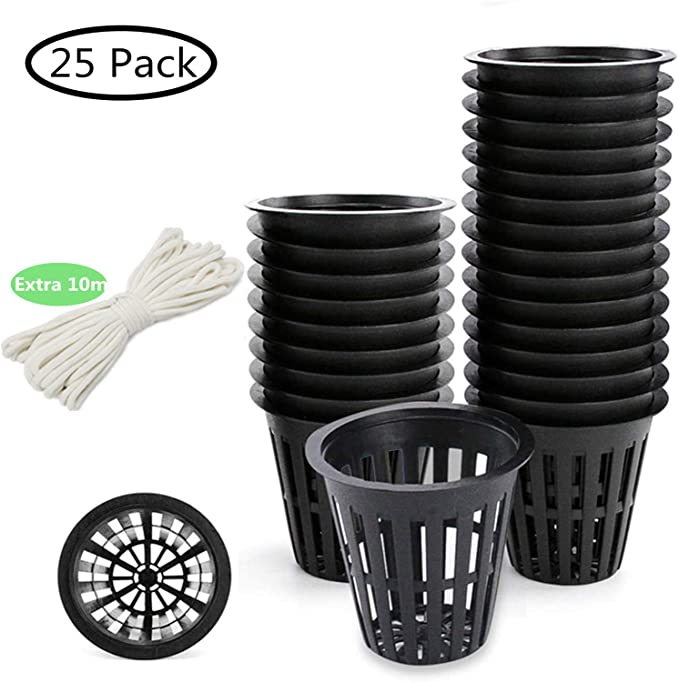 Sfee 25 Pack Plant Nursery Net Pots 2 Inch Plastic Net Cups for Hydroponics - Reusable Heavy Duty Wide Lip Round Bucket Basket with 10m Self-Watering Capillary Water Wick for Hydroponics Orchid Garden