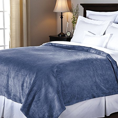 Sunbeam Luxurious Velvet Plush KING Heated Blanket with 20 Heat Settings, Auto-off, 2-Digital Controllers, 5 Yr Warranty (Dusty Blue)