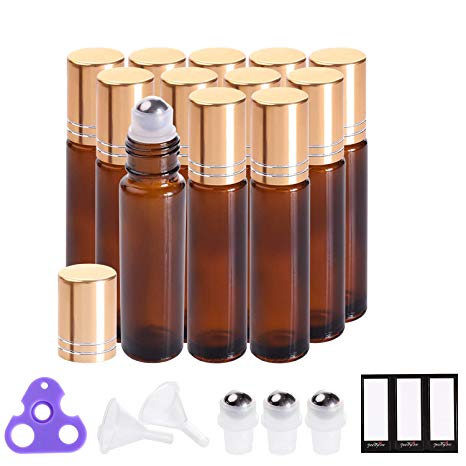 Essential Oil Roller Bottles 10 ml (Amber, Glass, 12pack，24 Pieces Labels, Opener, 3 Extra Stainless Steel Balls, 2 Funnels by PrettyCare) Roller Balls for Essential Oils