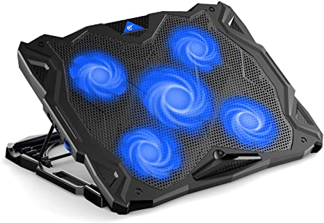 Havit Laptop Cooling Pad Computer Quiet Cooler with 5 Quiet Fans and 2 USB Ports, Portable Cooling Stand with LED Light for 14-17 Inch Laptop (Blue)