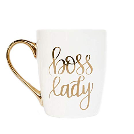 Boss Lady Gold Coffee Mug | Large Fancy Handle Cute Tea-Cup Female Girl Boss Babe Gifts for Women Decor 16 Ounces Fine Bone China Hand Lettered Microwave Safe