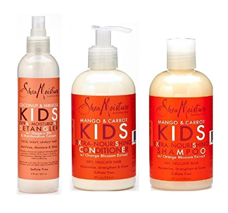 Shea Moisture Kids Hair Care Combination Pack – Includes Mango & Carrot 8oz KIDS Extra-Nourishing Shampoo, 8oz KIDS Extra-Nourishing Conditioner, and 8oz Coconut & Hibiscus KIDS Detangler