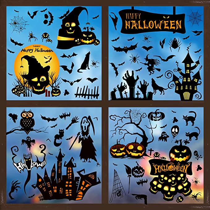 YiFeng 9 Sheets Halloween Window Clings, Large Halloween Window Stickers Glass Decals for Party Decoration Supplies, Pumpkin Spider Bat Sticker Window Décor, Happy Halloween Window Decoration Decals