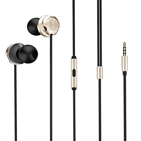 Picun D2 Metal In-Ear Headphones with Microphone, Noise Isolating Earbuds Wired Bass Stereo Earphones Compatible with Apple iOS and Android Smartphones (Gold)