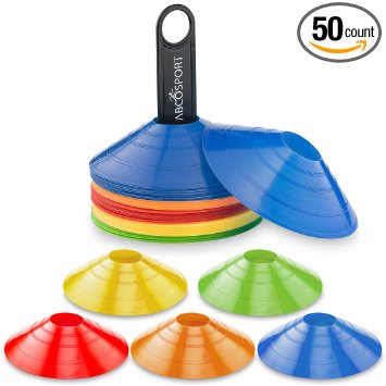 Disc Cone Set of 50 Flexible Multi Color (Red, Blue, Yellow, Green, Orange) Cones, With Plastic Carrier To Take It With You Everywhere – Perfect For Soccer, Football & Any Ball Game To Mark