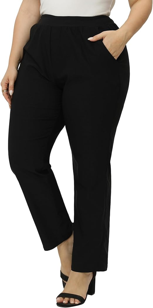 Gboomo Womens Plus Size Dress Pants Pull-on Straight Leg Stretchy Business Office Work Pants with Pockets