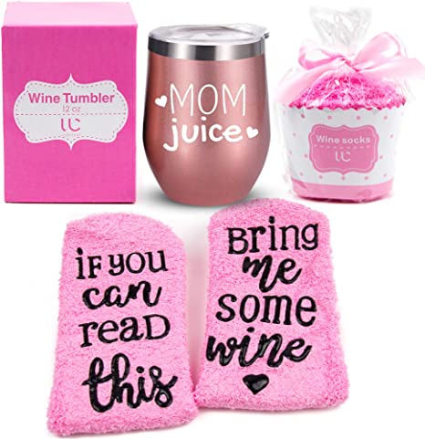 Mom Gift Set | Mom Juice Wine Tumbler   Cupcake Wine Socks | Stainless Steel 12 oz Stemless Wine Tumbler with Lid   Wine Socks | Funny Gifts for Mom, Mom Gifts, Birthday Gifts for Mom