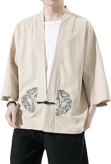 PRIJOUHE Men's Kimono Jackets Cardigan Casual Cotton Blends Linen Seven Sleeve Open Front Embroidery Coat