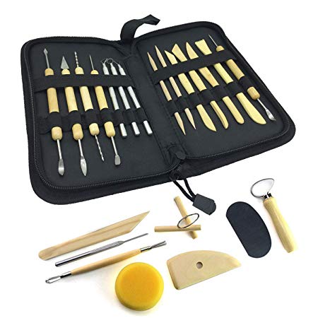 Wood Pottery Tool Set, Wartoon 22 Piece All-in-one Wood Clay Modeling Tools Boxwood Sculpey Sculpture Ceramic Tools Kit with Convient Carry Storage Case