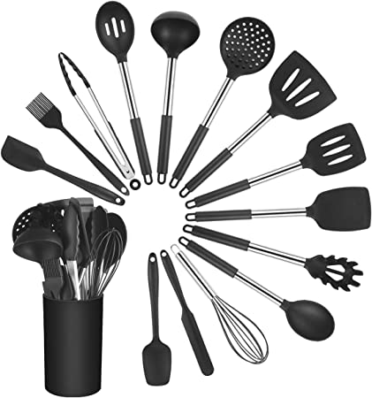 Vicloon Silicone Kitchen Utensils Set, 15 Pcs Cooking Utensil with Holder, Heat Resistant Cooking Utensils with Stainless Steel Handle, Silicone Spatulas for Cooking Kitchen Gadgets Tools (Black)