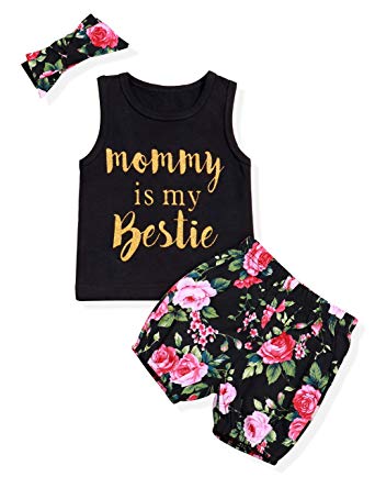 Infant Baby Girl Clothes Mommy is My Bestie Black Sleeveless Tops Floral Pants and Headband Summer Outfit Set