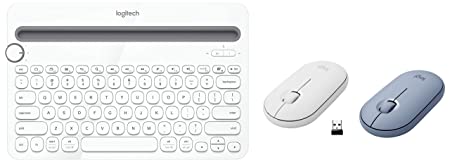 Logitech K480 Wireless Multi-Device Keyboard for Windows, Apple iOS Android or Chrome, Wireless Bluetooth- White & Pebble M350 Wireless Mouse - Off White