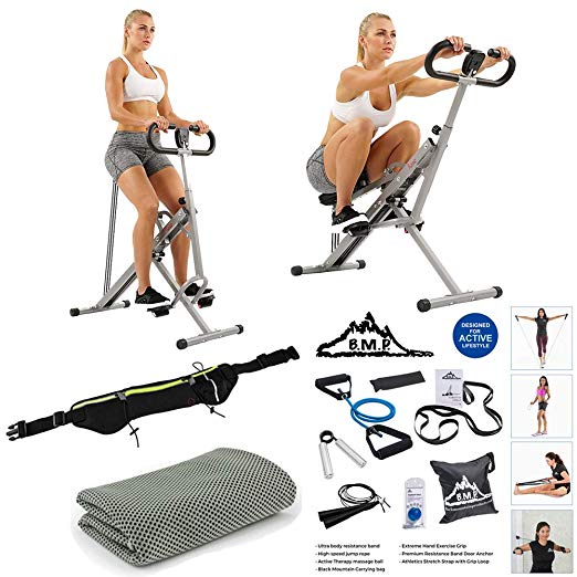 Upright Squat Assist Row-N-Ride Trainer Bundle with 7-Piece Fitness Kit, Sports Zippered Waist Bag and Workout Cooling Towel