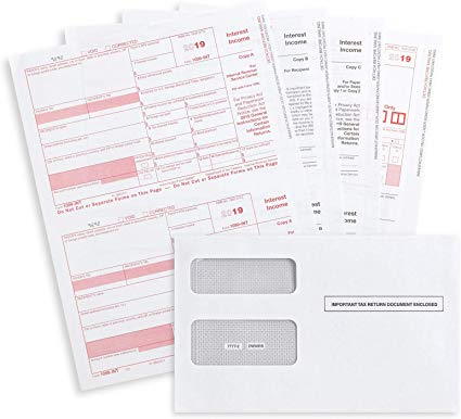 1099 INT 2019 4 Part Tax Forms Kit, 25 Laser Form Bundle of 1099 Interest Forms (2019), Designed for QuickBooks and Accounting Software, 25 Self Seal Envelopes Included
