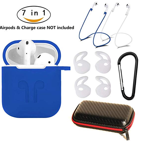 AirPods Case 7 in 1 Airpods Accessories Kits Protective Silicone Cover and Skin for Apple Airpods Charging Case with Airpods Ear Hook Airpods Staps/Airpods Clips/Skin/Tips/Grips (Blue)