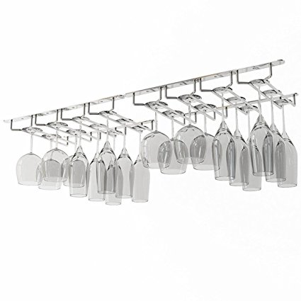 WALLNITURE Stemware Wine Glass Rack Under Cabinet Storage 24 Glasses Chrome Finish