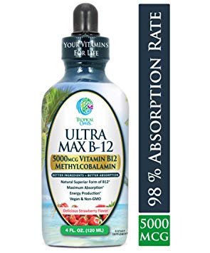 ULTRA MAX B12 | Max Potency 5000mcg Vitamin B12 Sublingual Liquid Drops | Methyl B12 (Methylcobalamin) | Max 98% Absorption Rate | Increase Energy & Metabolism*| Vegan, Non-GMO, Strawberry flavor -4oz
