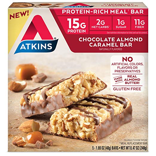 Atkins Protein-Rich Gluten Free Meal Bar, Chocolate Almond Caramel, 5 Count