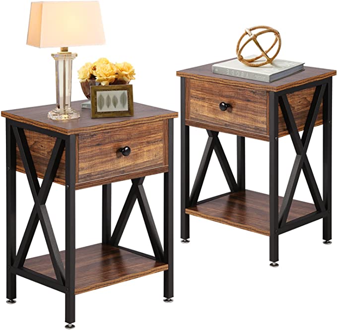 VECELO Nightstands,Stylish End Side Tables Versatile Night Stand with Drawer &Storage Shelf for Bedroom Office Lounge Living Room,Set of 2, 2, Brown