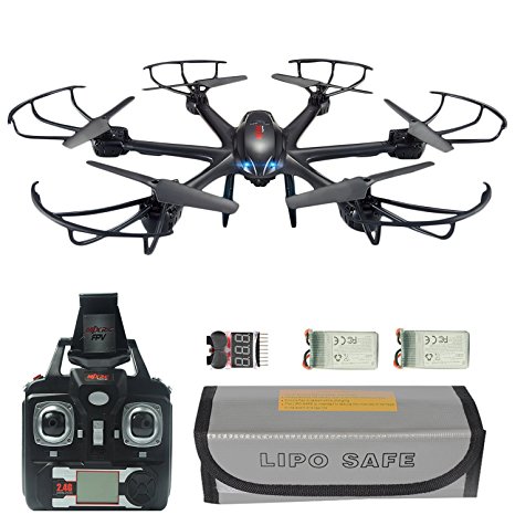Goldenwide MJX X601H RC Quadcopter Drone with Altitude-Hold HD Camera Wi-Fi FPV Real Time Transmission Extra: 7.4V 700mAh battery, Explosionproof Battery Safe Bag, Voltage Checker Warning Buzzer Black