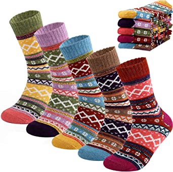 Mens Winter Warm Wool 5 pairs Crew Cute Socks Mixed Color
