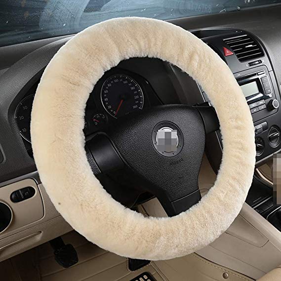 Pure Wool Auto Steering Wheel Cover Genuine Sheepskin Great Grip Anti-slip Car Steering Wheel Cushion Protector Universal 15 inch for Car,Truck,SUV,etc. by Dotesy (Pearl)