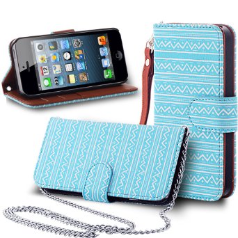 iPhone 5 Case, iPhone SE Wallet Case, ENDLER iPhone 5 Wallet Case [Wristband][Handbag Chain] Premium PU Leather Wallet Case All-Powerful Purse Cover for Apple iPhone SE (2016 Release)/5s/5 (Aqua Blue)
