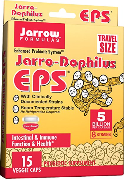 Jarrow Formulas Jarro-Dophilus EPS Travel Size, 5 Billion Cells Per Capsule, Supports Intestinal Function and Health, 15 Veggie Capsules