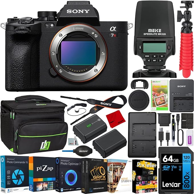 Sony a7R V Mirrorless Full Frame Interchangeable Lens Camera Body ILCE-7RM5 Bundle with Meike MK320 TTL HSS Flash Speedlite   Deco Gear Photography Bag Case   Extra Battery,Dual Charger  Accessories