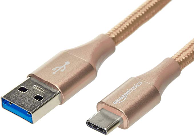 AmazonBasics Double Braided Nylon USB Type-C to Type-A 3.1 Gen 1 Charger Cable | 6 feet, Gold