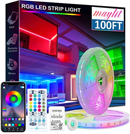 maylit 100FT LED Lights Strip for Bedroom, Bluetooth App Control Music Sync LED Light Strips, Built-in Mic, 5050 RGB Color Changing LED Lights, DIY Keys Remote, Halloween, Christmas Home Decoration