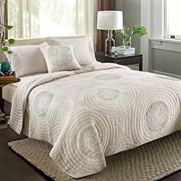 Quilt Sets King Size 100% Cotton Solid 3D Floral Pattern Quilted Coverlet with Shams by MicBridal, Modern Bedspread Beige