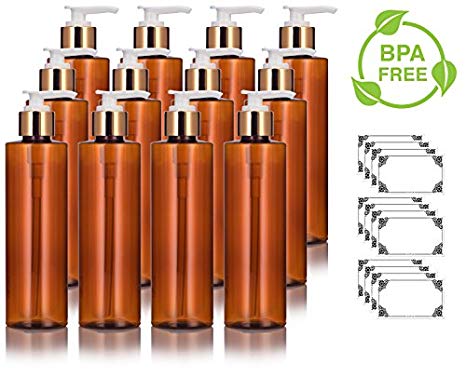 Amber PET Plastic (BPA Free) Refillable Cylinder Round Bottle with Gold Lotion Pump - 8 oz (12 pack)   Labels