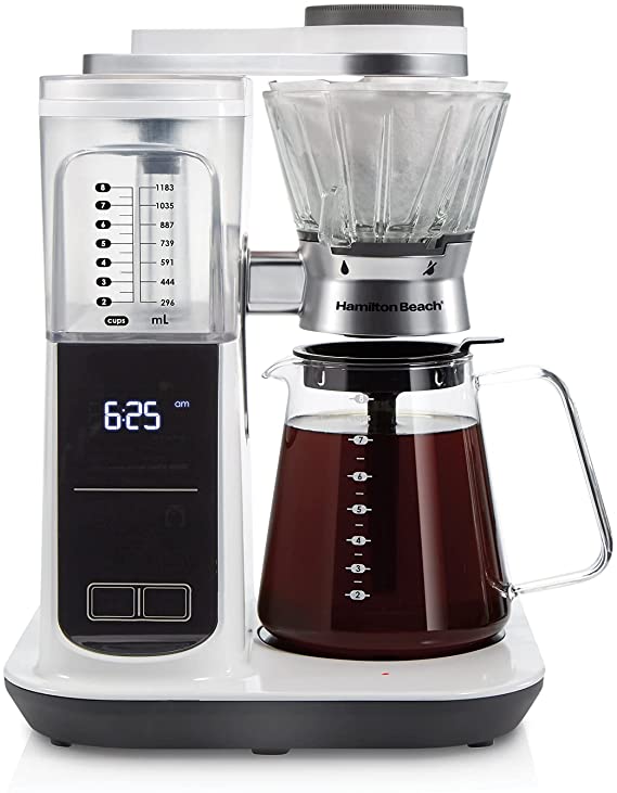 Hamilton Beach Craft Programmable Automatic Coffee Maker Brewer or Manual Pour Over Dripper with 5 Strengths and Integrated Scale, 8 Cups, Includes Cone Filter Set, White (46700)