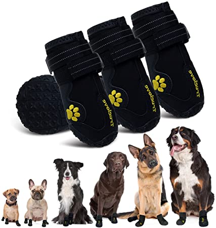 EXPAWLORER Waterproof Dog Boots Reflective Non Slip Pet Booties for Medium Large Dogs Black 4 Pcs