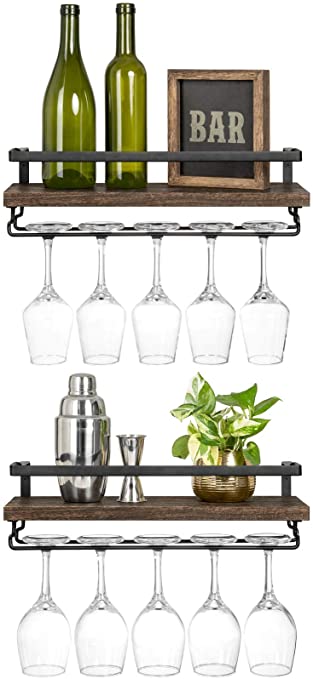 Mkono Wall Mounted Wine Shelves Set of 2 Wood Rustic Wine Bottle Glass Floating Racks with Stemware Hanger Modern Plants Photos Wine Display Storage Holder for Kitchen Dining Room Bar, 17 Inch