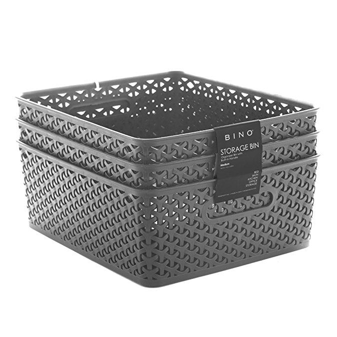 BINO Woven Plastic Storage Basket, Medium – 3 PACK (Grey)