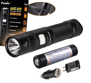 Fenix UC30 960 Lumens Cree XM-L2 LED Rechargeable LED Flashlight w 2600mAh 18650 Holster Built-in USB Charger Lumen Tactical AC CAR Power Adapter