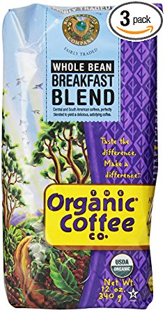 The Organic Coffee Co. Whole Bean, Breakfast Blend, 12 Ounce (Pack of 3)