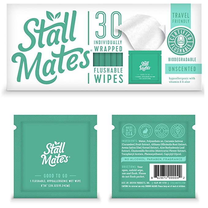 Stall Mates: Flushable, Individually Wrapped Wipes for Travel. Unscented with Vitamin-E & Aloe, 100% Biodegradable (30 on-The-go Singles)