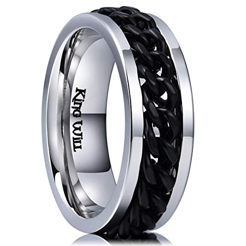 King Will Black/Blue Stainless Steel 8mm Rings for Men Center Chain Spinner Ring, Size 7-14